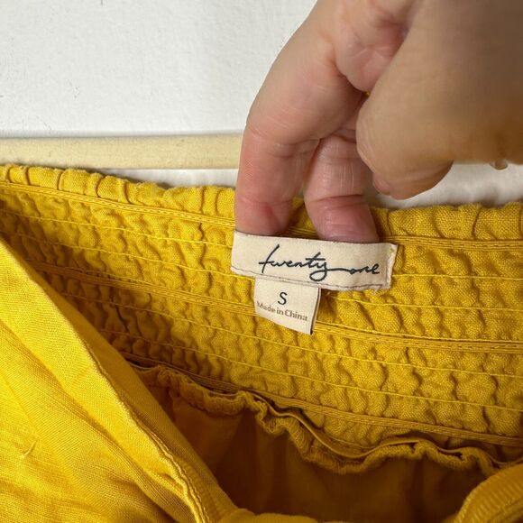 Yellow Linen Sleeveless Blouson Blouse Mini Dress Bead Bow Tie Front S - Picture 4 of 13